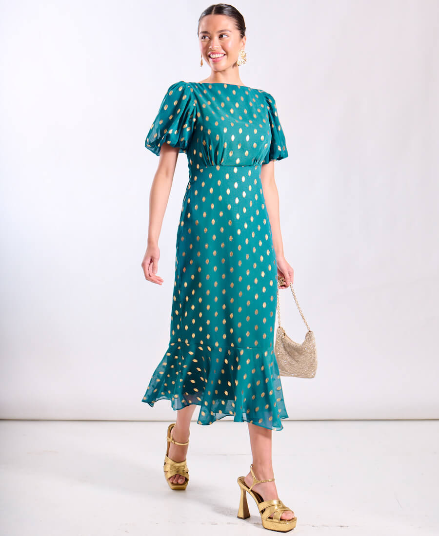 Teal Puff Sleeve Midi Dress