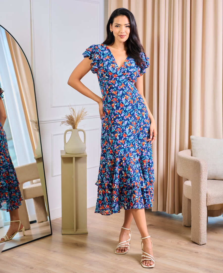 Floral ruffle midi dress online