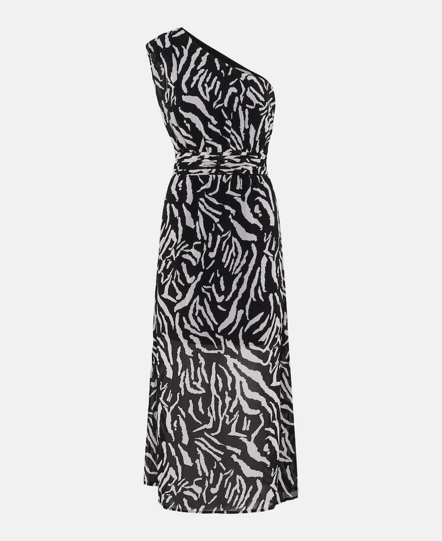 one shoulder midi dress black white pattern 