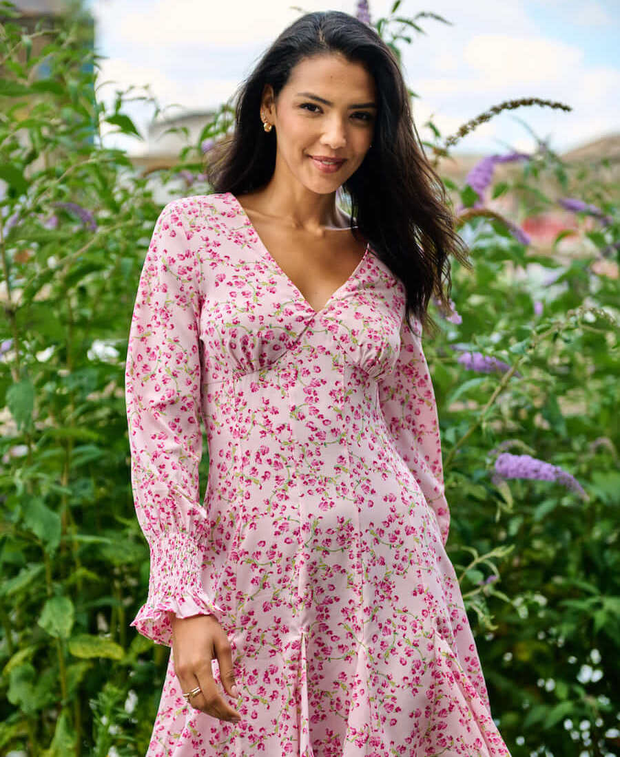 Pink Floral Long Sleeve Godet Mini Tea Dress Needs No Label