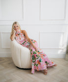 pink wedding guest halter maxi dress