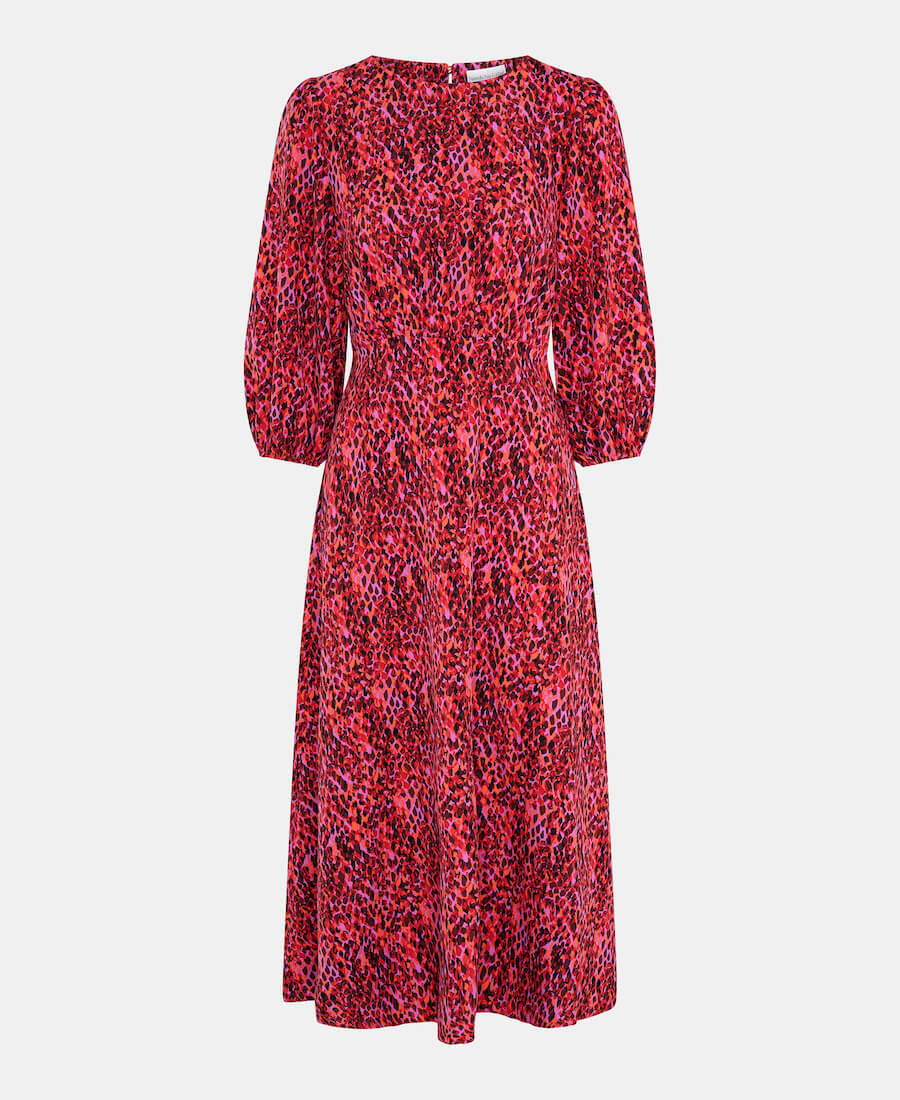 red animal midi dress quarter sleeve