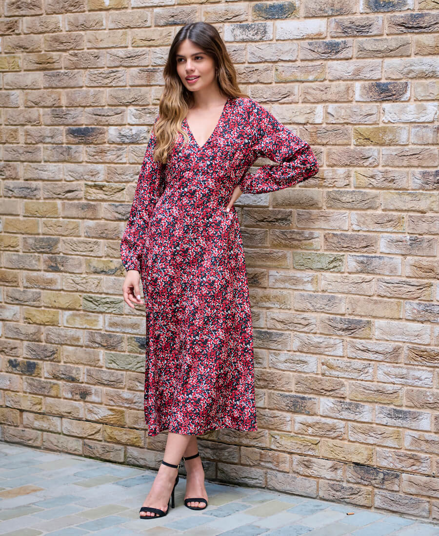 red floral midi dress long sleeve