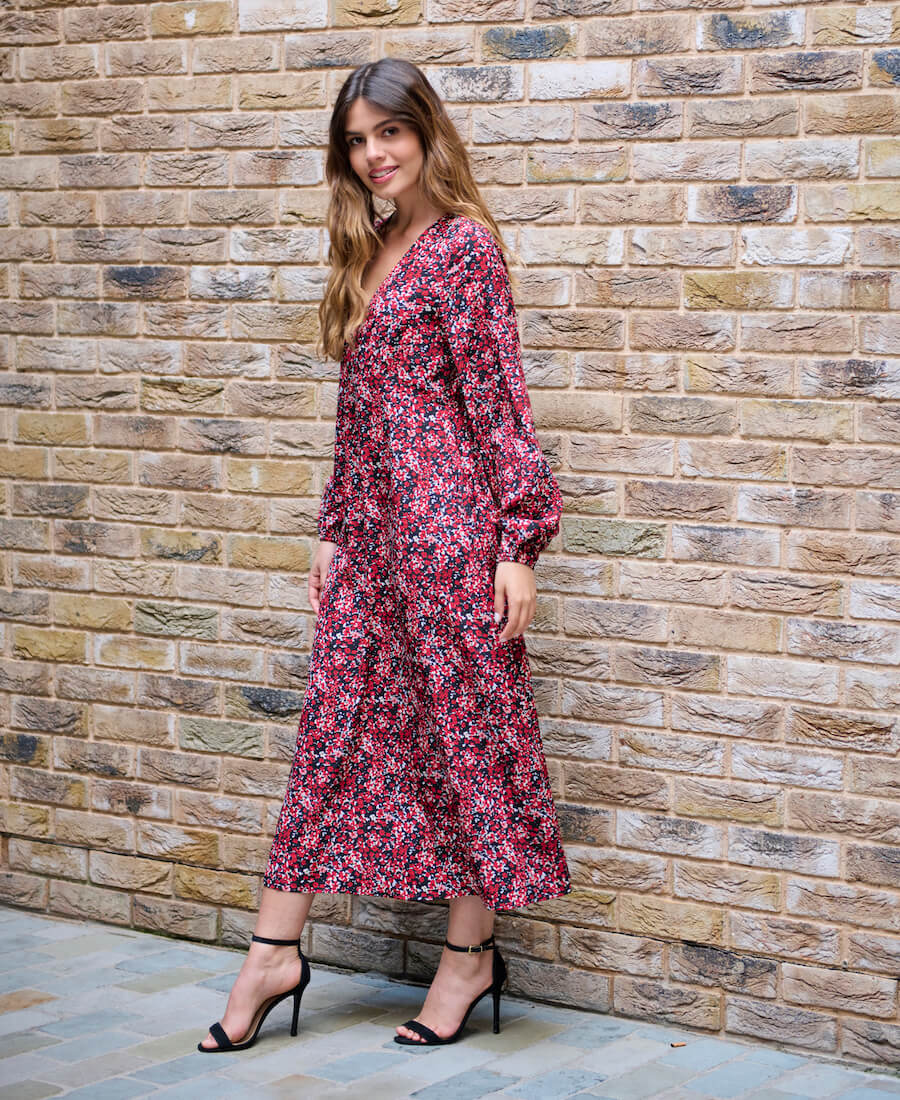 Red Floral Printed Long Sleeve Midi Dress Needs No Label