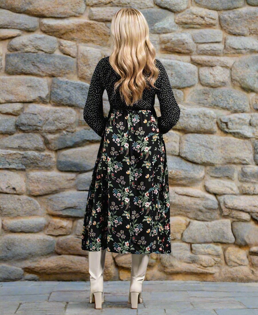 Black Floral Long Sleeve Midi Dress long sleeves