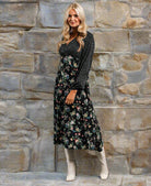 Black Floral Long Sleeve Midi Dress mix match pattern