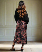 Midi Skirt Black Floral back of model