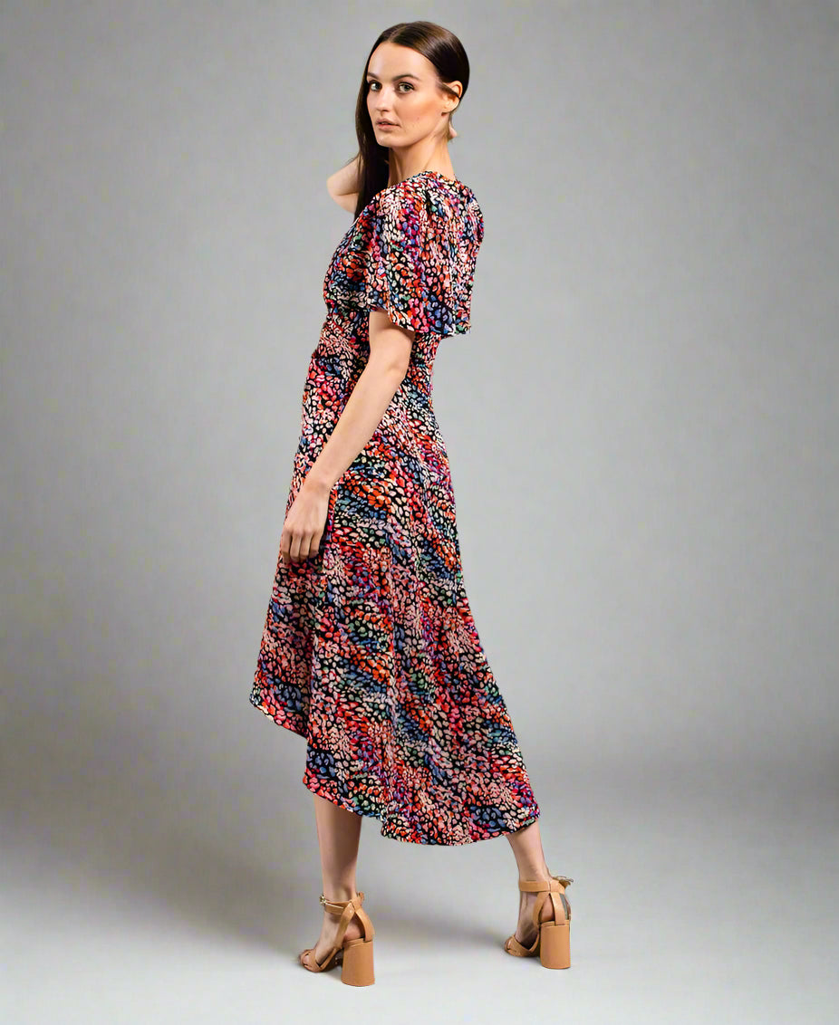 Multi-Coloured-Animal-Ruche-Midi-Dress