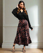 Satin Midi Skirt Black Floral