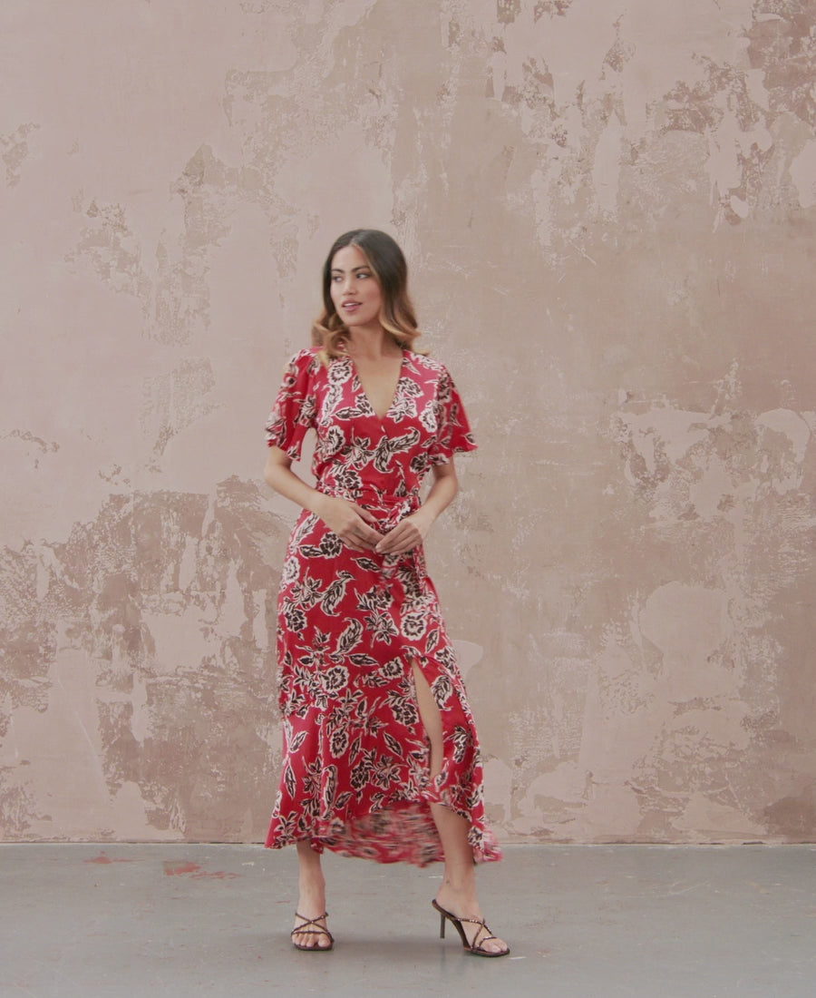 Red floral satin store dress